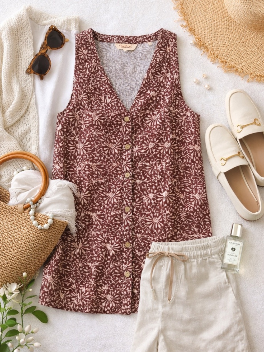 Faherty 100% Linen Sleeveless Tunic Top M Brown Earthy Coastal Quiet Luxury Boho